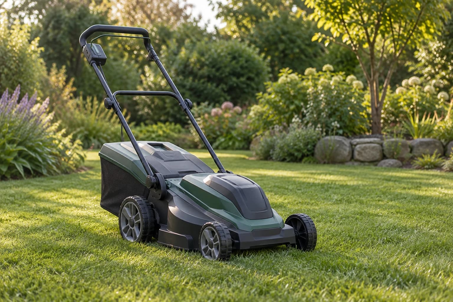 A cordless push lawn mower on a freshly cut backyard lawn