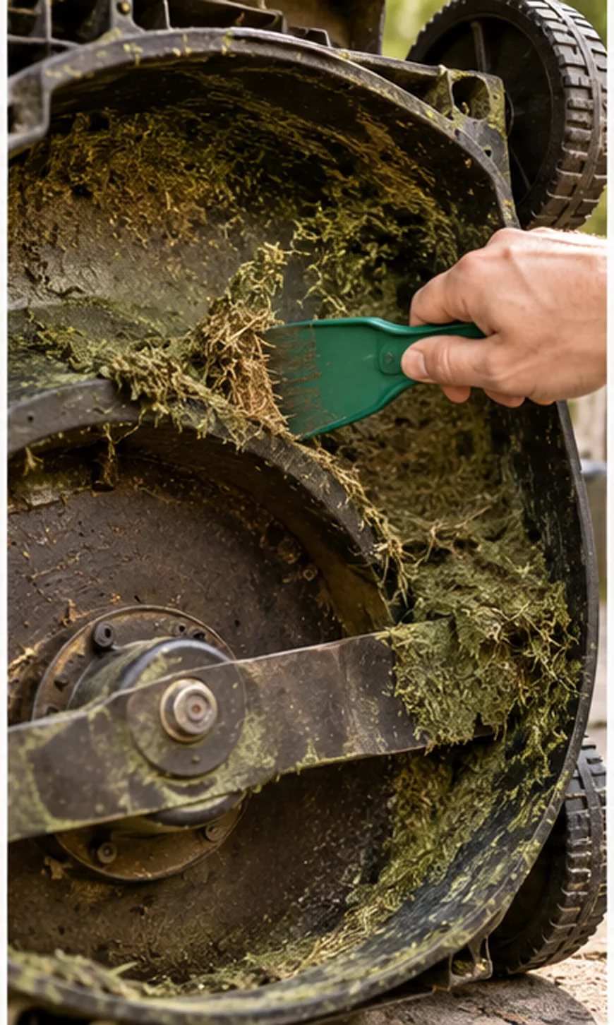 A close inspection of clean under lawn mower deck reveals details that a quick visual check can miss.